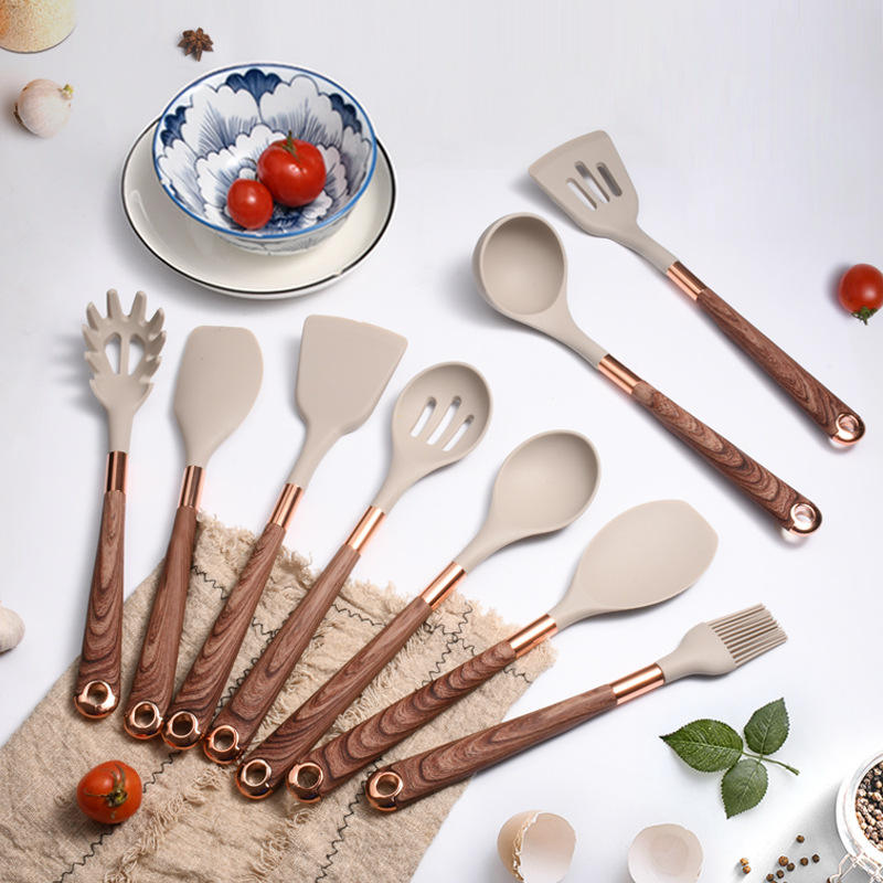 10-Piece Silicone Kitchen Utensil Set with Wooden Handles – Non-Stick Cooking Tools