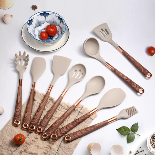 10-Piece Silicone Kitchen Utensil Set with Wooden Handles – Non-Stick Cooking Tools