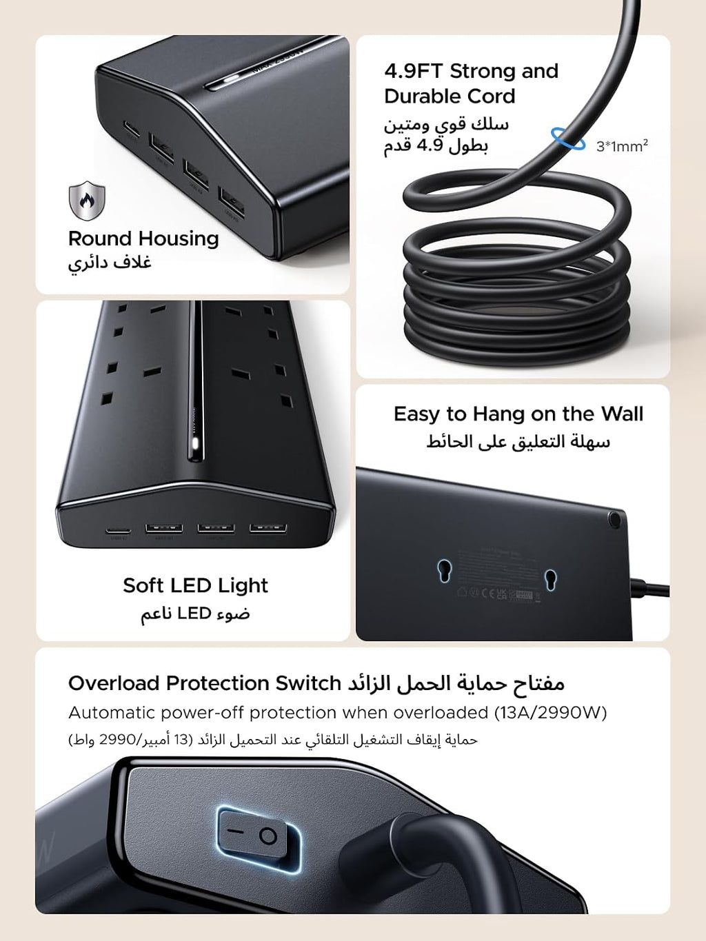 UGREEN شريط طاقة 6 في 1 GaN واقي من زيادة التيار مع PD 30W USB-C، كابل تمديد للحماية الحمل الزائد/الدائرة القصيرة/السخونة الزائدة و3 منافذ، مقابس المملكة المتحدة سلك بطول 2 متر للمنزل والمكتب والسفر