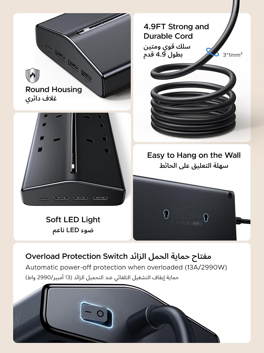 UGREEN شريط طاقة 6 في 1 GaN واقي من زيادة التيار مع PD 30W USB-C، كابل تمديد للحماية الحمل الزائد/الدائرة القصيرة/السخونة الزائدة و3 منافذ، مقابس المملكة المتحدة سلك بطول 2 متر للمنزل والمكتب والسفر