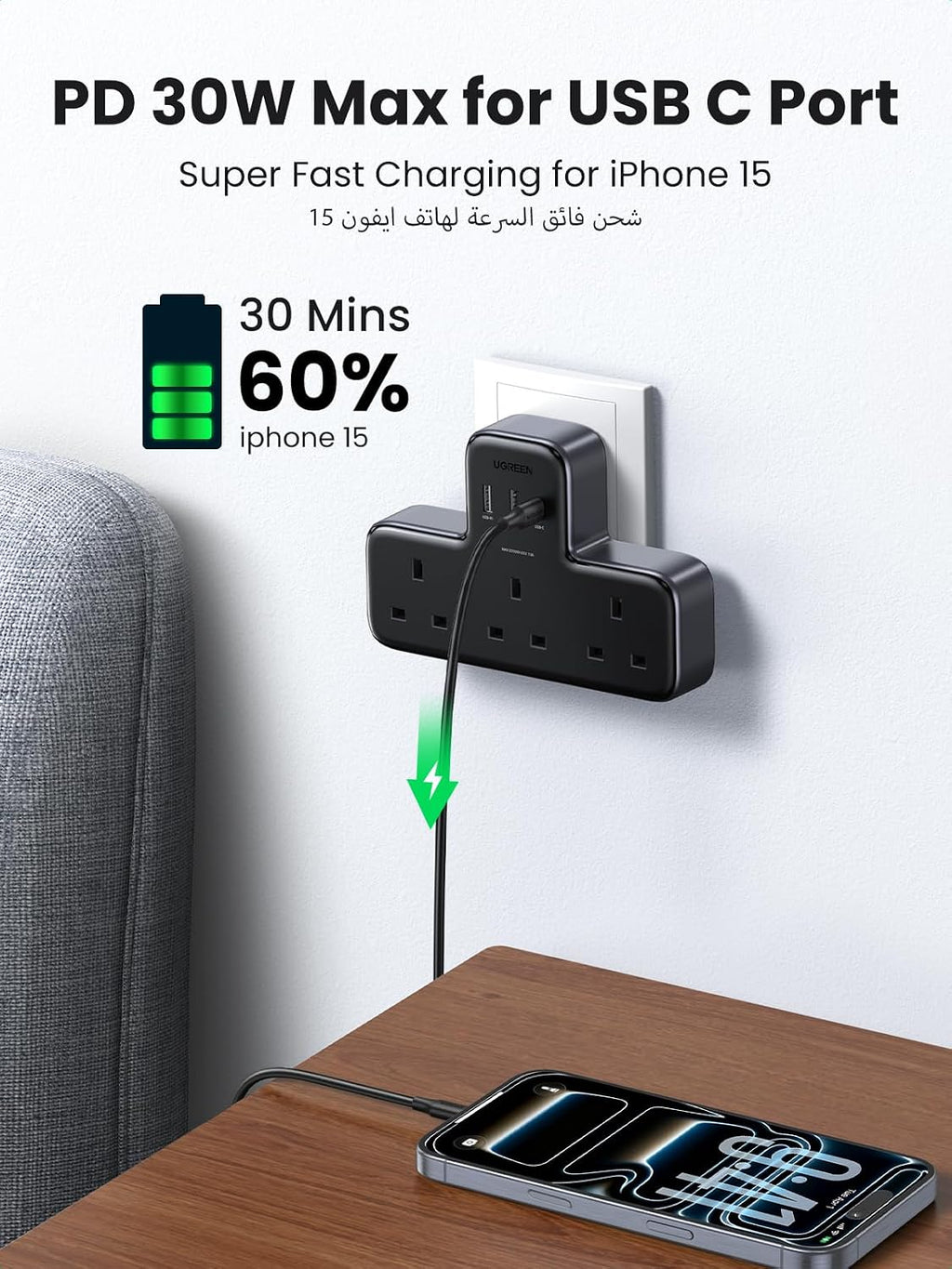 UGREEN شريط طاقة 6 في 1 GaN واقي من زيادة التيار مع PD 30W USB-C، كابل تمديد للحماية الحمل الزائد/الدائرة القصيرة/السخونة الزائدة و3 منافذ، مقابس المملكة المتحدة سلك بطول 2 متر للمنزل والمكتب والسفر