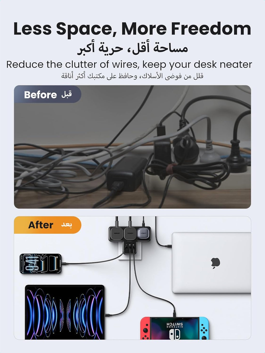 UGREEN شريط طاقة 6 في 1 GaN واقي من زيادة التيار مع PD 30W USB-C، كابل تمديد للحماية الحمل الزائد/الدائرة القصيرة/السخونة الزائدة و3 منافذ، مقابس المملكة المتحدة سلك بطول 2 متر للمنزل والمكتب والسفر