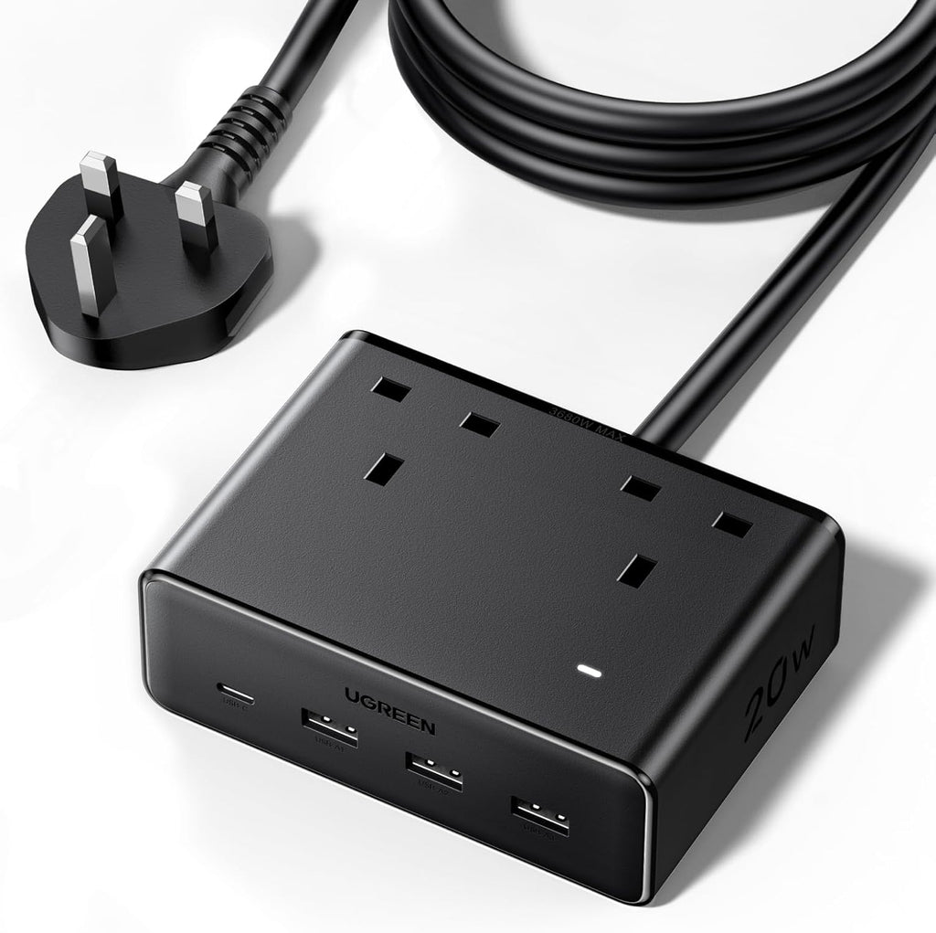 UGREEN شريط طاقة 6 في 1 GaN واقي من زيادة التيار مع PD 30W USB-C، كابل تمديد للحماية الحمل الزائد/الدائرة القصيرة/السخونة الزائدة و3 منافذ، مقابس المملكة المتحدة سلك بطول 2 متر للمنزل والمكتب والسفر