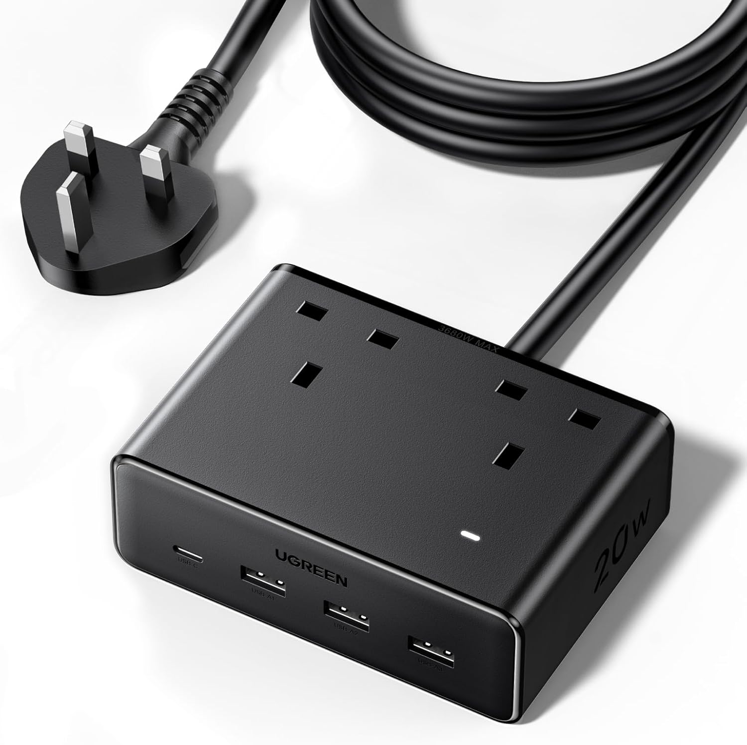 UGREEN شريط طاقة 6 في 1 GaN واقي من زيادة التيار مع PD 30W USB-C، كابل تمديد للحماية الحمل الزائد/الدائرة القصيرة/السخونة الزائدة و3 منافذ، مقابس المملكة المتحدة سلك بطول 2 متر للمنزل والمكتب والسفر
