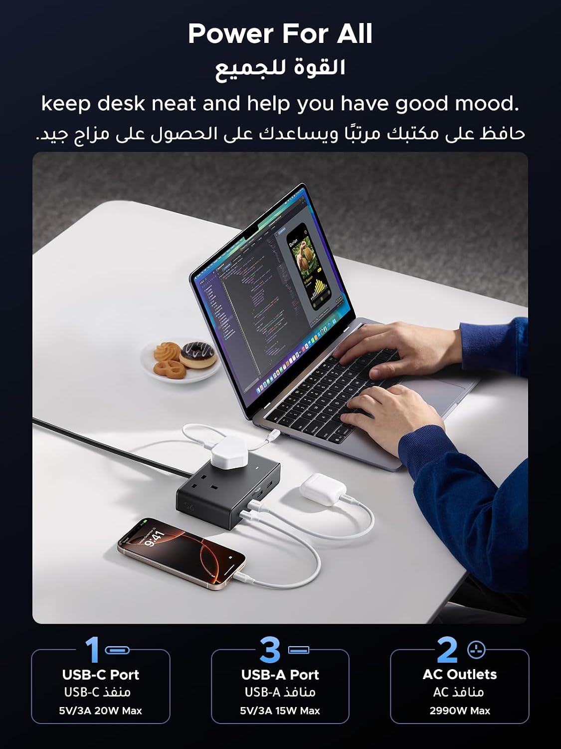 UGREEN شريط طاقة 6 في 1 GaN واقي من زيادة التيار مع PD 30W USB-C، كابل تمديد للحماية الحمل الزائد/الدائرة القصيرة/السخونة الزائدة و3 منافذ، مقابس المملكة المتحدة سلك بطول 2 متر للمنزل والمكتب والسفر