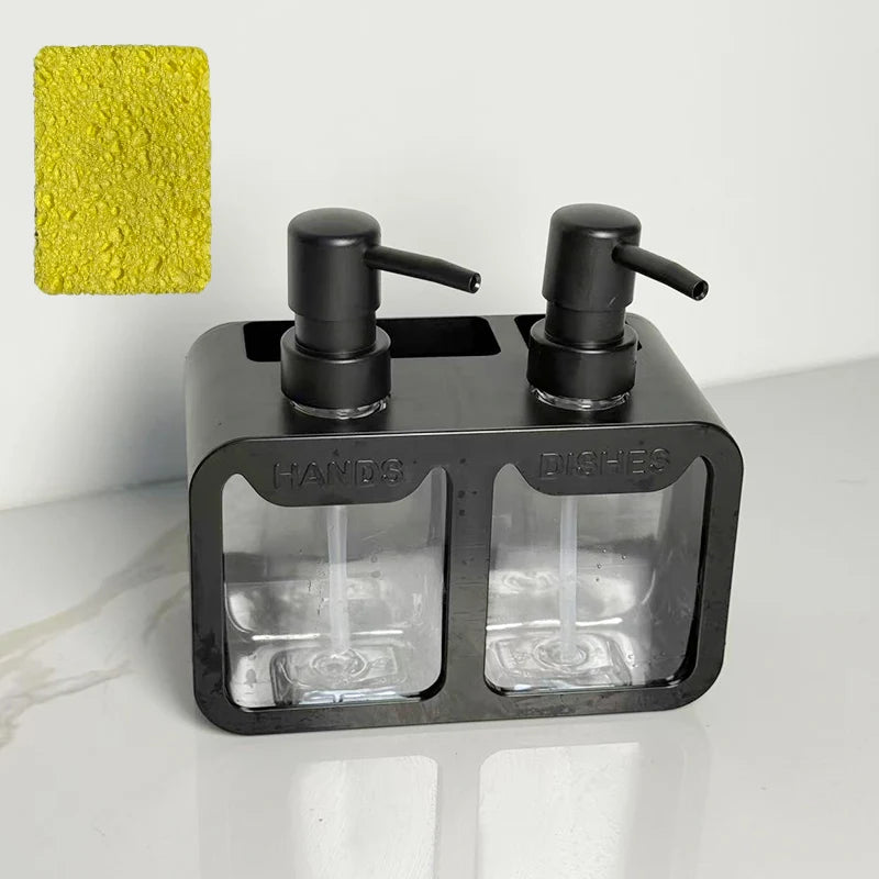 Kitchen Hand Soap and Dish Soap Dispenser Set, Dual Soap Dispenser with Sponge Holder and Brush Rack, 3-in-1 Storage Rack, Suitable for Kitchen Sink Countertops, Practical Kitchen Gadget