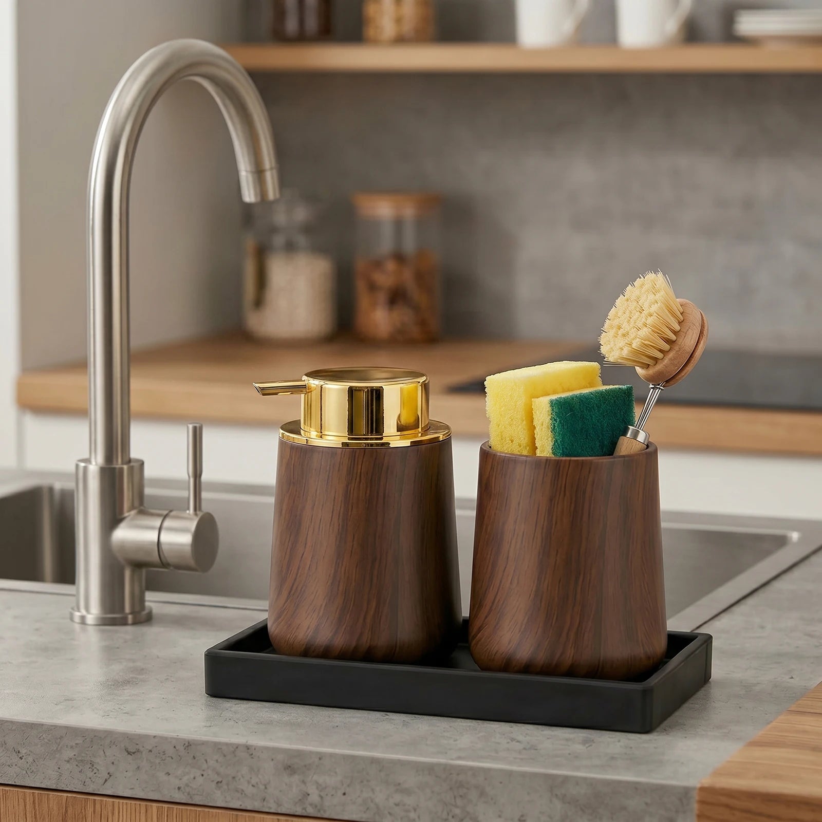 Cotton Lotion Hand Toothpaste Brush Storage Countertop Accessories Walnut Foam Soap Dispenser Bottle Set for Kitchen Bathroom