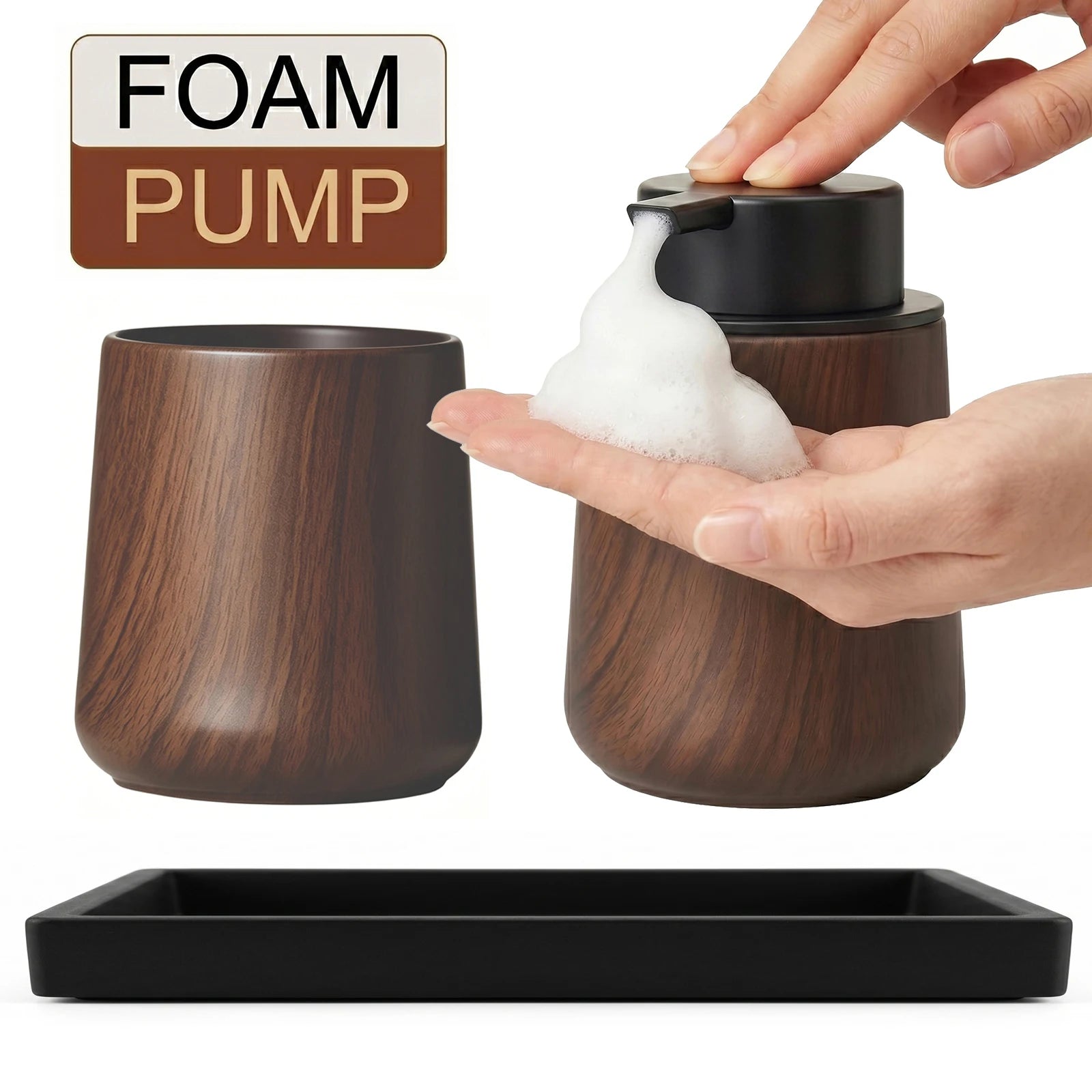 Cotton Lotion Hand Toothpaste Brush Storage Countertop Accessories Walnut Foam Soap Dispenser Bottle Set for Kitchen Bathroom