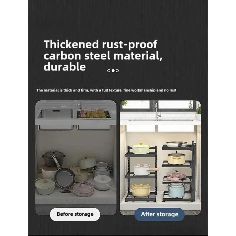 Kitchen Shelf Space-saving Kitchenware Storage Rack Adjustable Pot Rack 3-4 Tiers Under Sink/Corner Applicable
