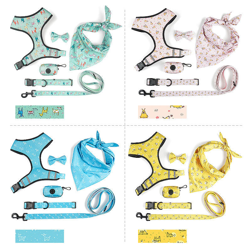 Printed 6-Piece Pet Harness & Leash Set – Adjustable Polyester Harness for Cats & Small Dogs