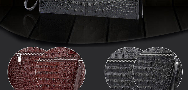 Men's Genuine Leather Underarm Bag – Crocodile Embossed Cowhide Clutch with Zipper