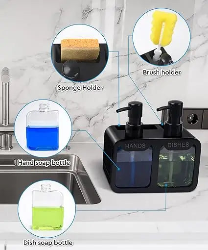 Kitchen Hand Soap and Dish Soap Dispenser Set, Dual Soap Dispenser with Sponge Holder and Brush Rack, 3-in-1 Storage Rack, Suitable for Kitchen Sink Countertops, Practical Kitchen Gadget