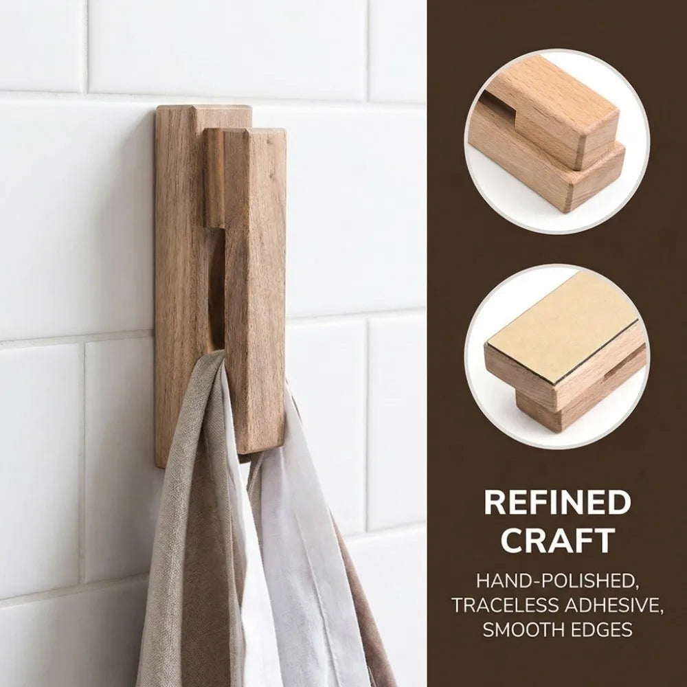 Stable Solid Wood Towel Hook No Drill Traceless Bathroom Organizer Strong Adhesive Durable Kitchen Hook Towel Organize