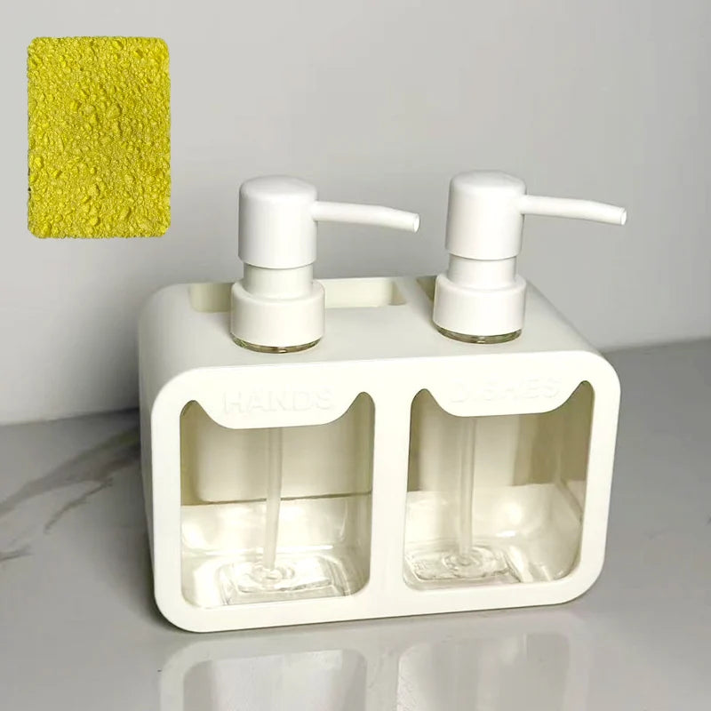 Kitchen Hand Soap and Dish Soap Dispenser Set, Dual Soap Dispenser with Sponge Holder and Brush Rack, 3-in-1 Storage Rack, Suitable for Kitchen Sink Countertops, Practical Kitchen Gadget
