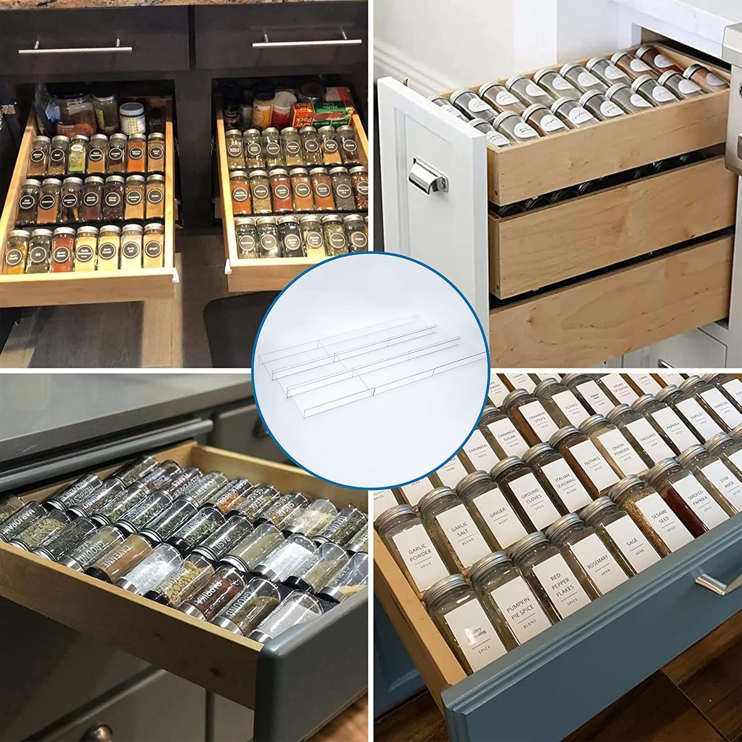 منظم درج التوابل مقاس 19 × 13 بوصة من جيدهم، 4 طبقات من الأكريليك الشفاف القابل للتوسيع لبراميل التوابل داخل الدرج، صينية درج المطبخ ورف التوابل للخزانة/سطح المكتب