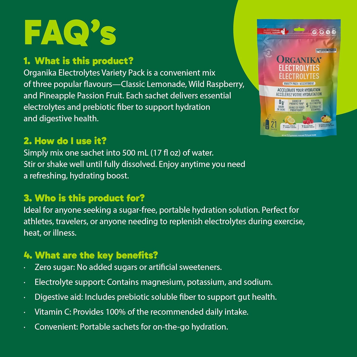 Organika – Electrolytes Powder Sachets – Variety Pack, 21 count – Ships Free Within Canada on Orders Above CAD $199