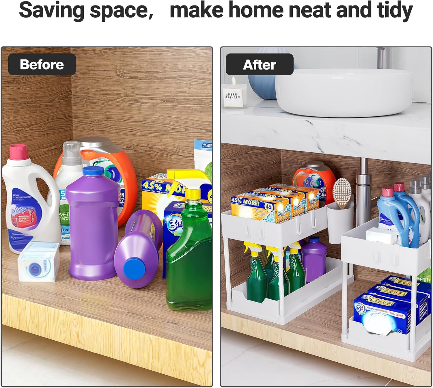 حامل تخزين بطبقتين وادراج قابلة للسحب من بيوريكون، متعدد الوظائف، لتنظيم لوازم المطبخ والحمام والغسيل، يوضع على الطاولة او تحت حوض المطبخ، لون اسود