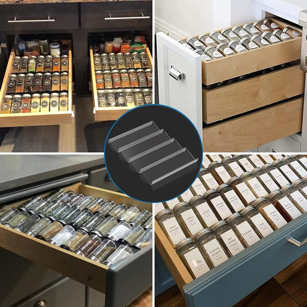 منظم درج التوابل مقاس 19 × 13 بوصة من جيدهم، 4 طبقات من الأكريليك الشفاف القابل للتوسيع لبراميل التوابل داخل الدرج، صينية درج المطبخ ورف التوابل للخزانة/سطح المكتب