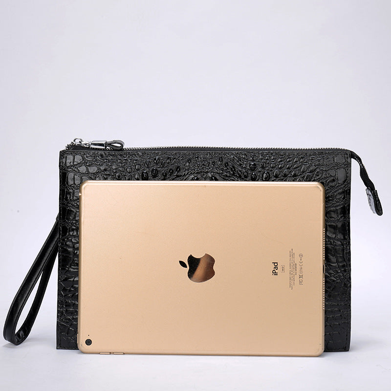Men's Genuine Leather Underarm Bag – Crocodile Embossed Cowhide Clutch with Zipper