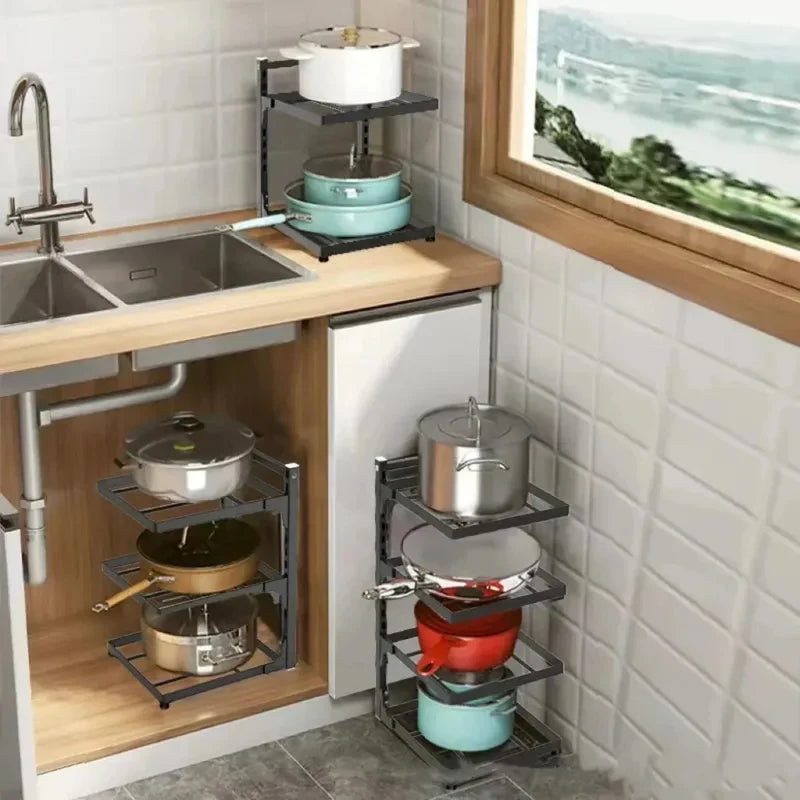 Kitchen Shelf Space-saving Kitchenware Storage Rack Adjustable Pot Rack 3-4 Tiers Under Sink/Corner Applicable