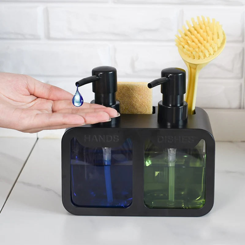 Kitchen Hand Soap and Dish Soap Dispenser Set, Dual Soap Dispenser with Sponge Holder and Brush Rack, 3-in-1 Storage Rack, Suitable for Kitchen Sink Countertops, Practical Kitchen Gadget
