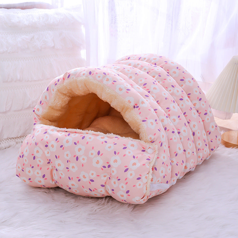 Warm Plush Cat Bed with Detachable Sleeping Bag – Cozy Hooded Pet Bed for Cats & Small Dogs