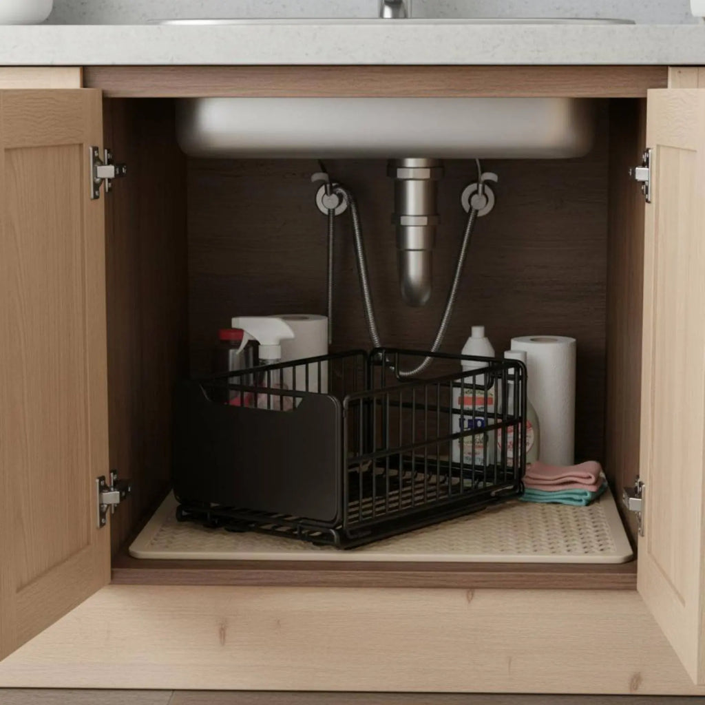 Under Sink Organizer Foldable Sliding Cabinet Basket Pull-Extendable Cabinet Drawer Effortless Gliding Kitchen Pull-Extendable