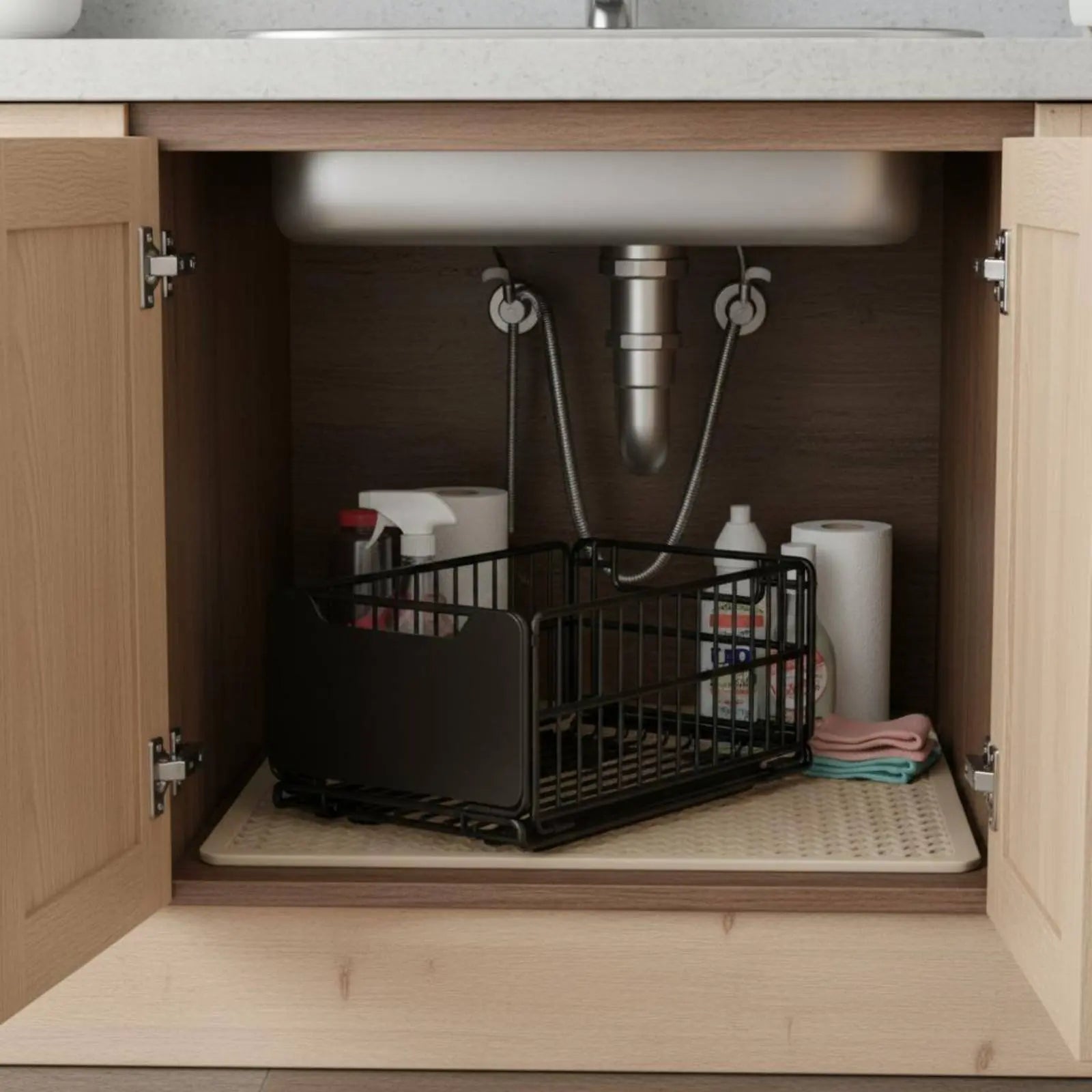Under Sink Organizer Foldable Sliding Cabinet Basket Pull-Extendable Cabinet Drawer Effortless Gliding Kitchen Pull-Extendable