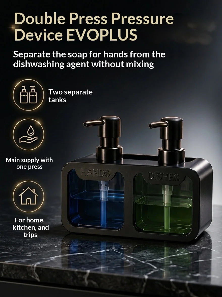 Kitchen Hand Soap and Dish Soap Dispenser Set, Dual Soap Dispenser with Sponge Holder and Brush Rack, 3-in-1 Storage Rack, Suitable for Kitchen Sink Countertops, Practical Kitchen Gadget