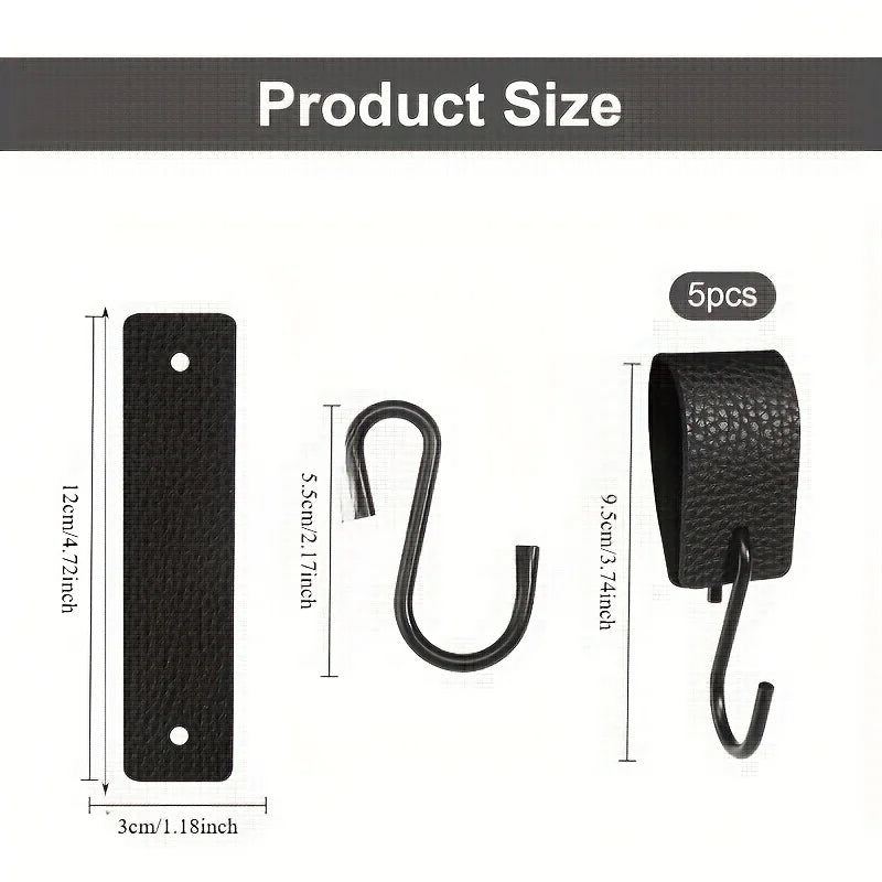 5Pcs Oval Lychee Pattern Pu Faux Leather + S-Shaped Auxiliary Hooks, Retro Fashion Creative Design Hooks, Can Support 20kg, Suitable for Home Auxiliary Hooks, Kitchen Utensil Hooks, Bathroom Storage Hooks, Multi-Functional Use, Suitable for All Seasons