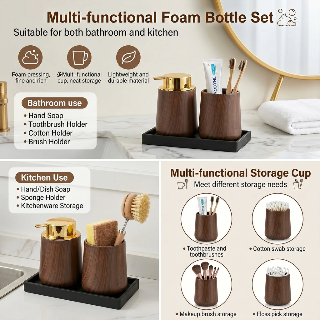 Cotton Lotion Hand Toothpaste Brush Storage Countertop Accessories Walnut Foam Soap Dispenser Bottle Set for Kitchen Bathroom