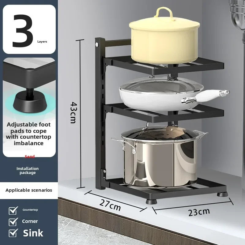 Kitchen Shelf Space-saving Kitchenware Storage Rack Adjustable Pot Rack 3-4 Tiers Under Sink/Corner Applicable