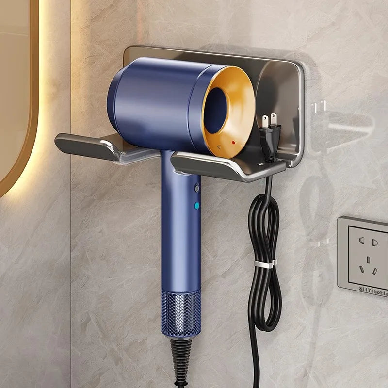 White Hair Dryer Storage Rack Punch-Free Bathroom Wall-Mounted Bracket Discharge Holder for Kitchen And Bathroom Organization