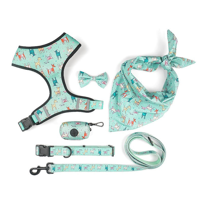 Printed 6-Piece Pet Harness & Leash Set – Adjustable Polyester Harness for Cats & Small Dogs