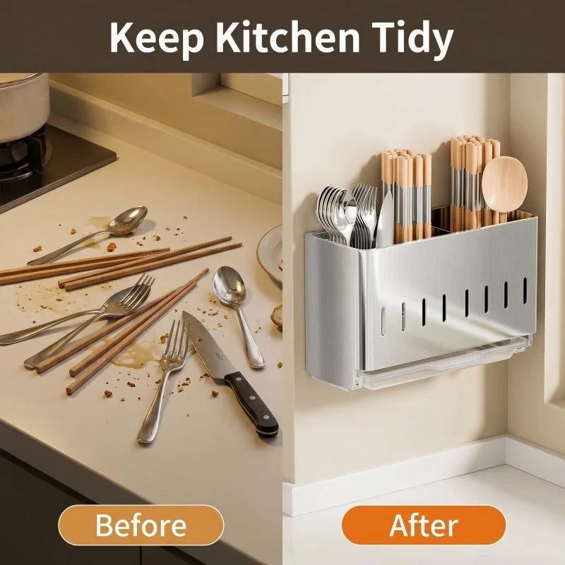 Stainless Steel Chopstick and Spoon Storage Rack Dual-Use for Wall Mounting and Countertop Detachable Drain Tray, Breathable and