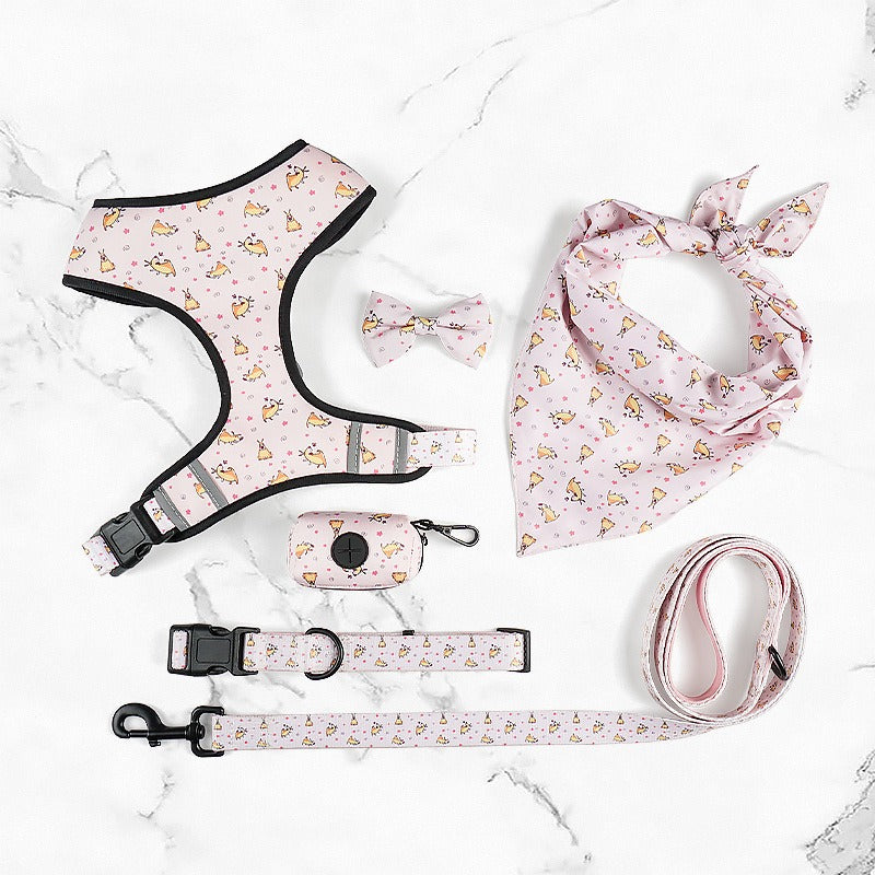 Printed 6-Piece Pet Harness & Leash Set – Adjustable Polyester Harness for Cats & Small Dogs