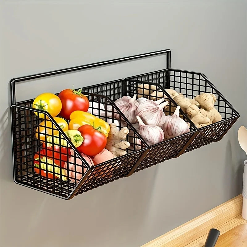 Wall-Mounted Metal Storage Basket – Kitchen Organizer for Onions, Garlic, Potatoes & Pantry Essentials