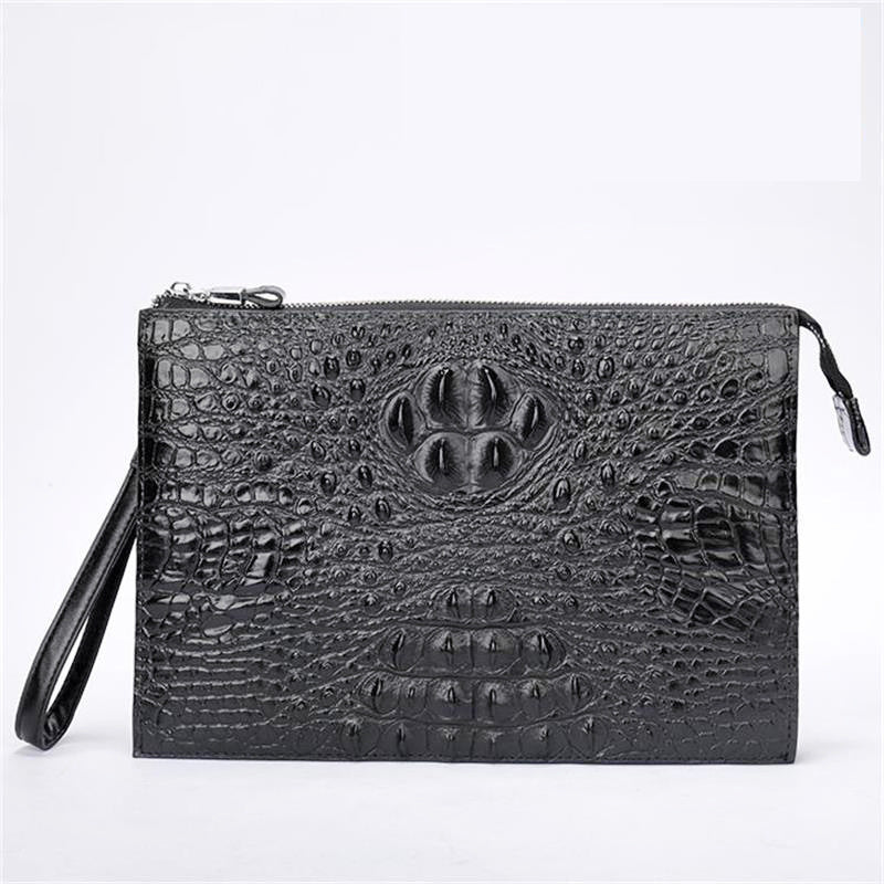 Men's Genuine Leather Underarm Bag – Crocodile Embossed Cowhide Clutch with Zipper