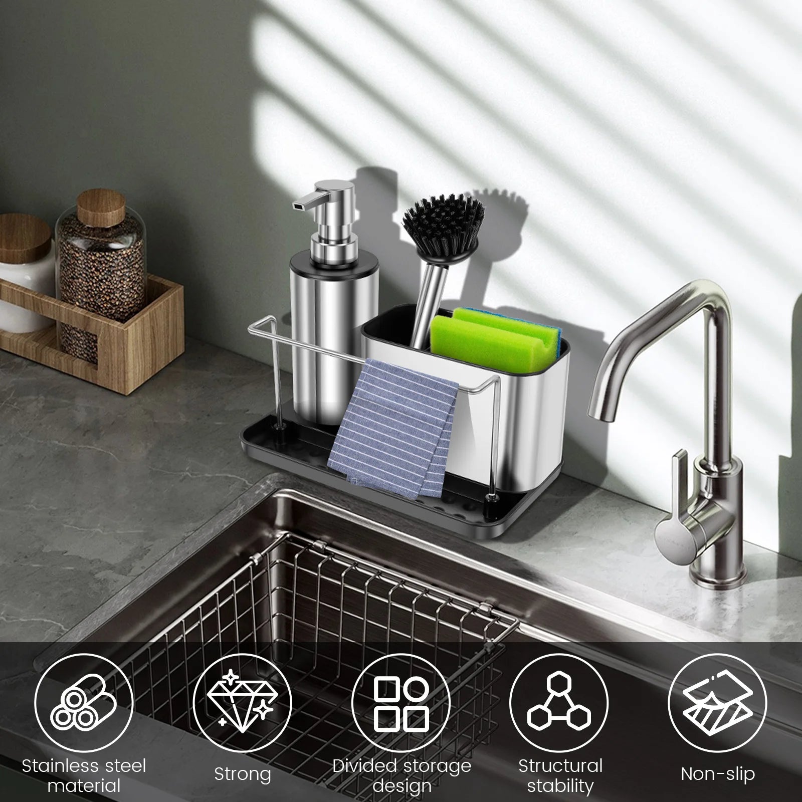 3 in1 Soap Dispenser Pump Set with Brush Sponge Holder Towel Bar Kitchen Sink Detergent Dispenser Cleaning Tool Storage
