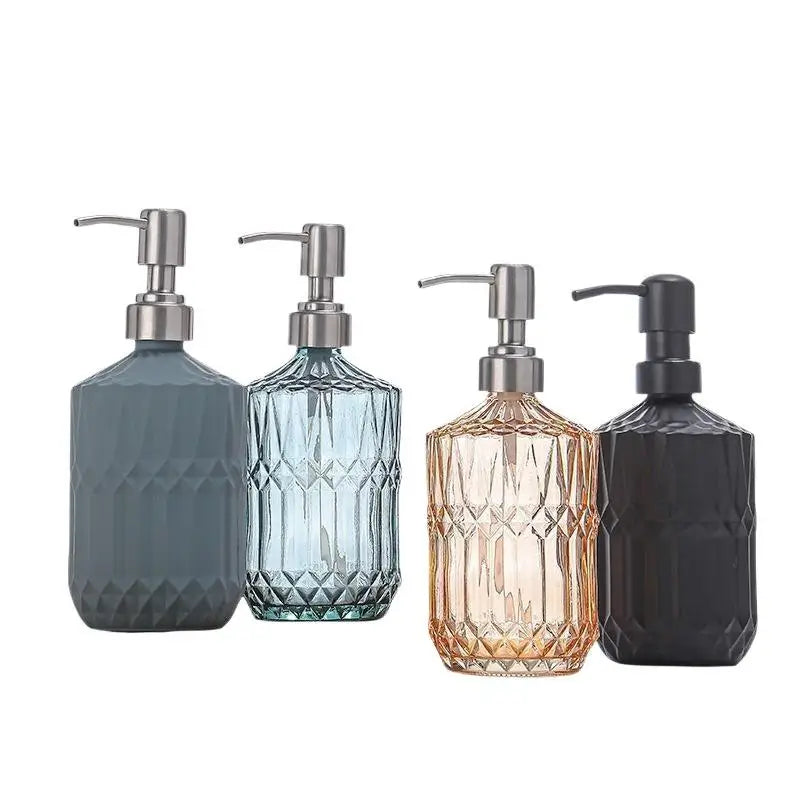 Diamond Textured Glass Hand Soap Dispenser Rustproof Pump for Bathroom Kitchen Countertop Decorative Storage Jar