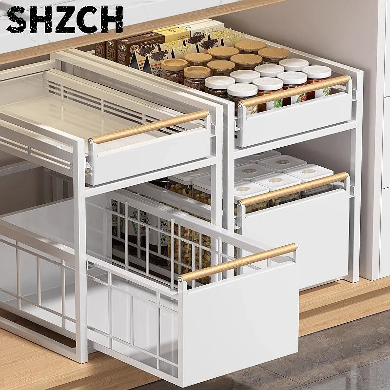 Stainless Steel Under-Sink Storage Rack Multi-Layer Pull-Out Organizer Kitchen Cabinet Basket Heavy-Duty Design