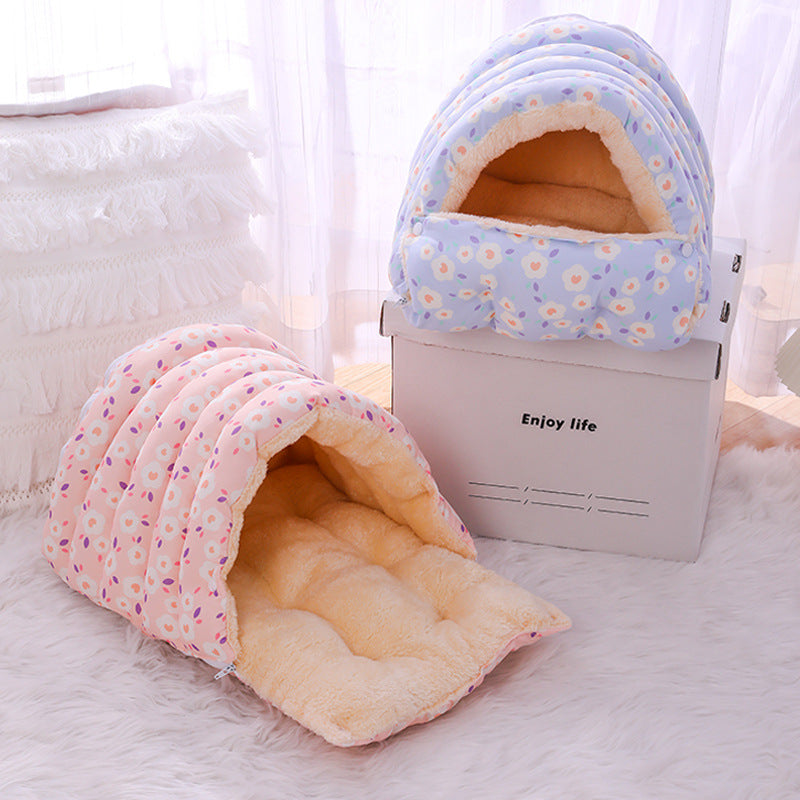Warm Plush Cat Bed with Detachable Sleeping Bag – Cozy Hooded Pet Bed for Cats & Small Dogs