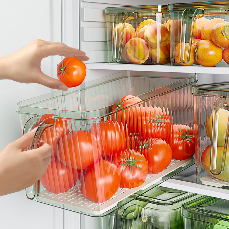 Stackable Refrigerator Storage Box with Drain Tray & Lid – Clear Food Storage Container with Handle