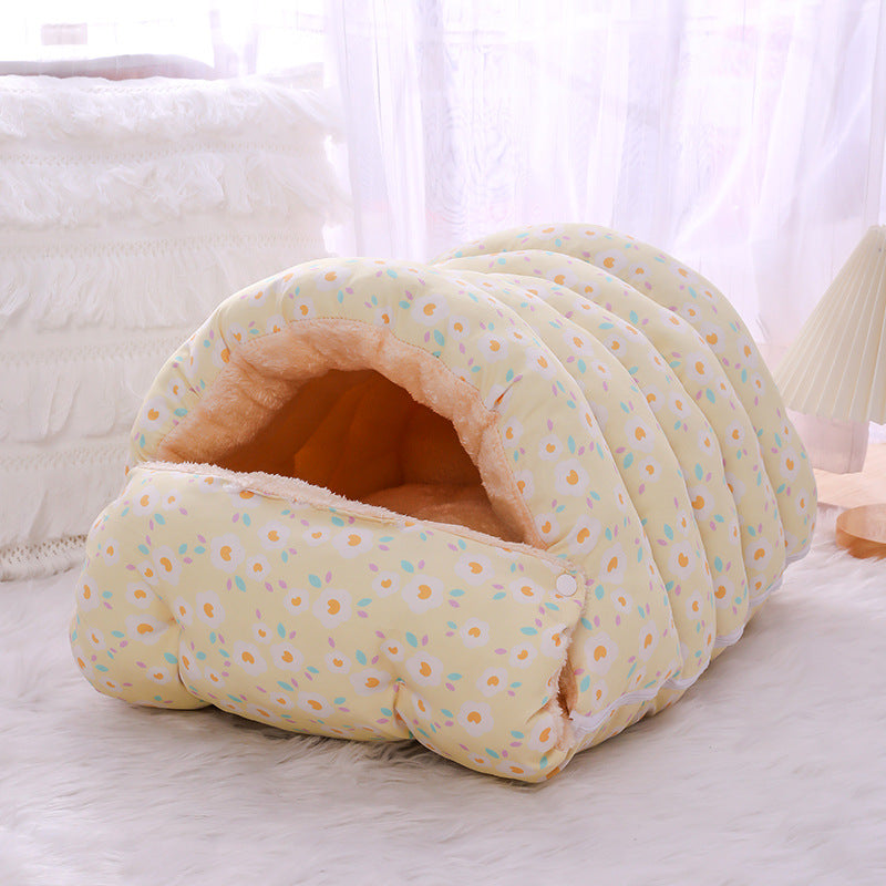Warm Plush Cat Bed with Detachable Sleeping Bag – Cozy Hooded Pet Bed for Cats & Small Dogs