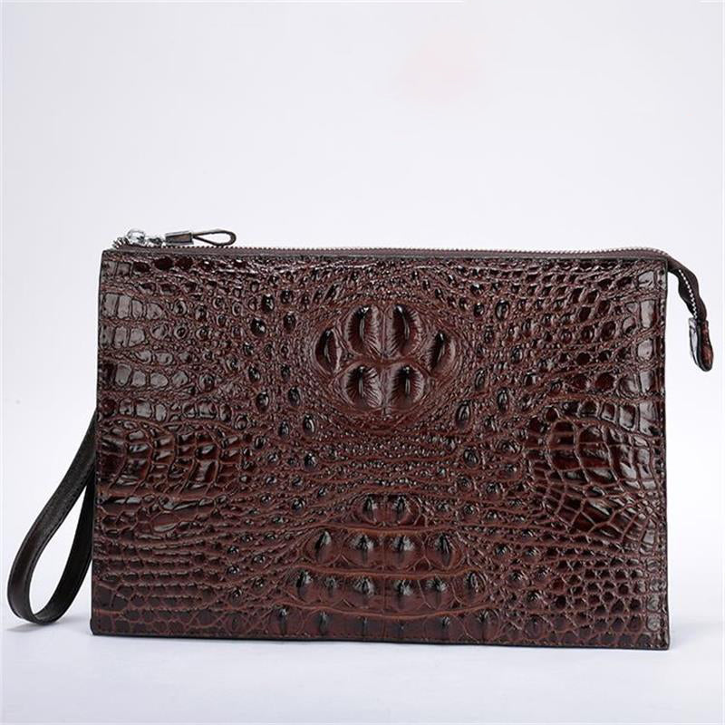 Men's Genuine Leather Underarm Bag – Crocodile Embossed Cowhide Clutch with Zipper