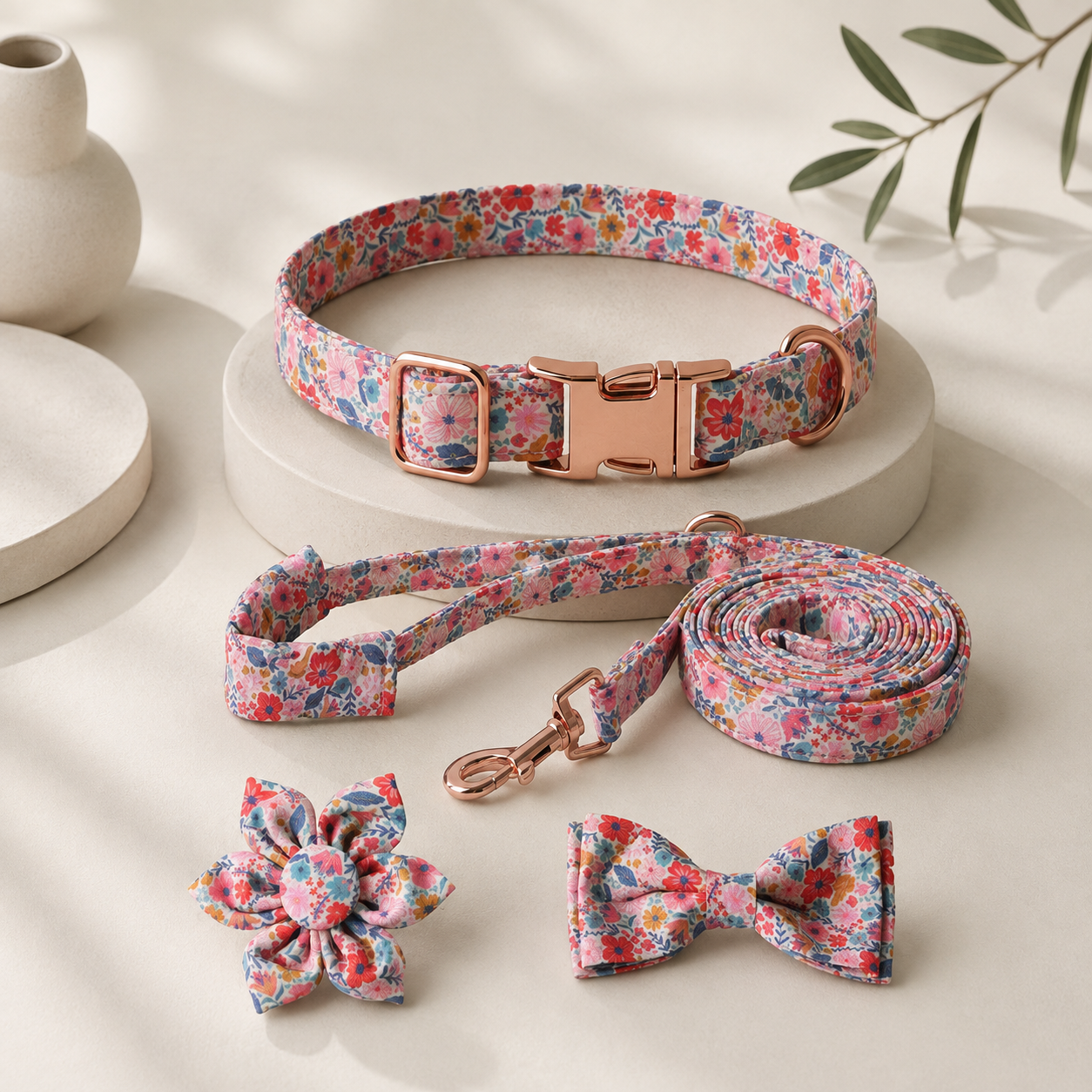 Floral Pet Dog Collar with Bow and Leash Set