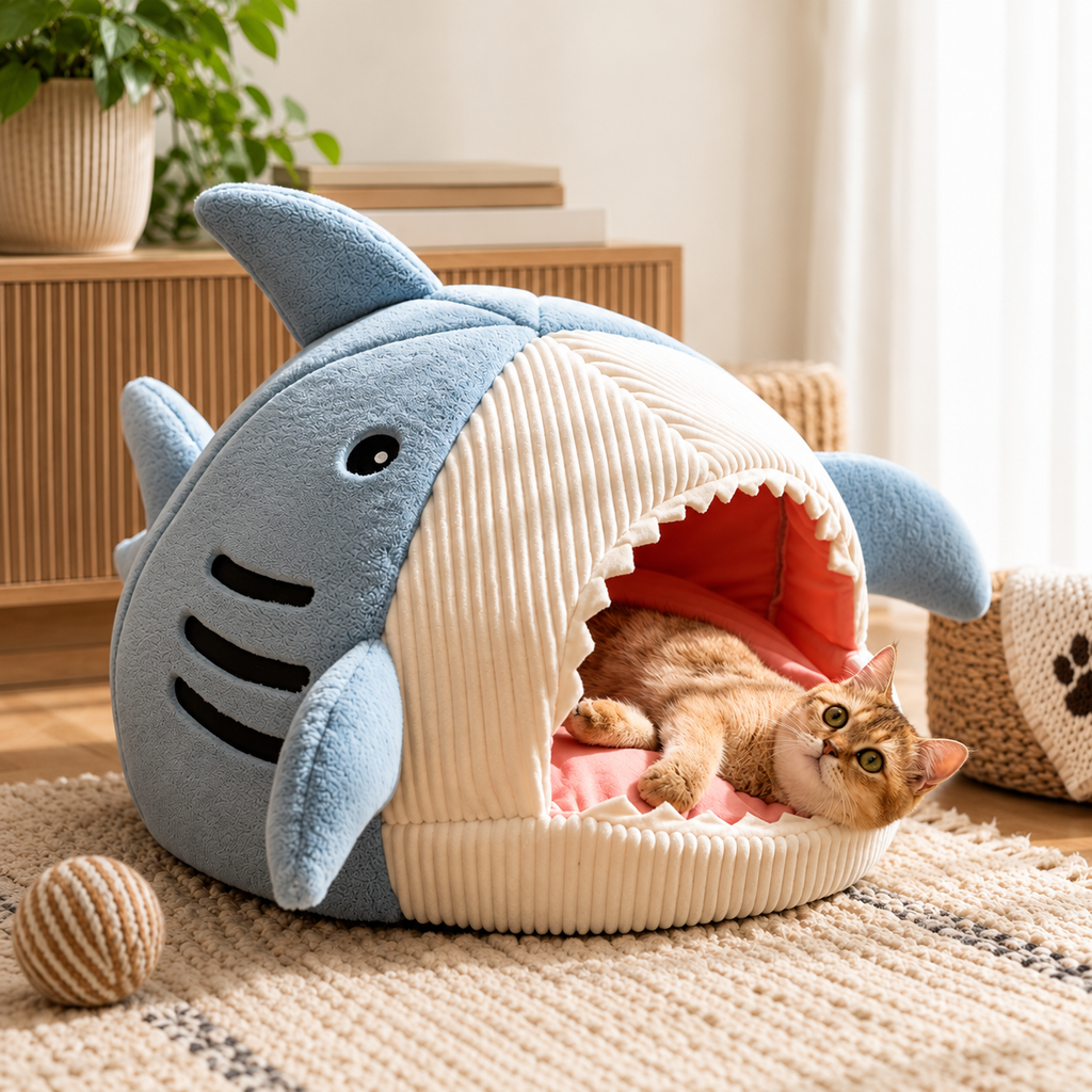 Shark Pet Bed – Cozy Semi-Enclosed Plush Cat Cave & Dog Bed with Cushion