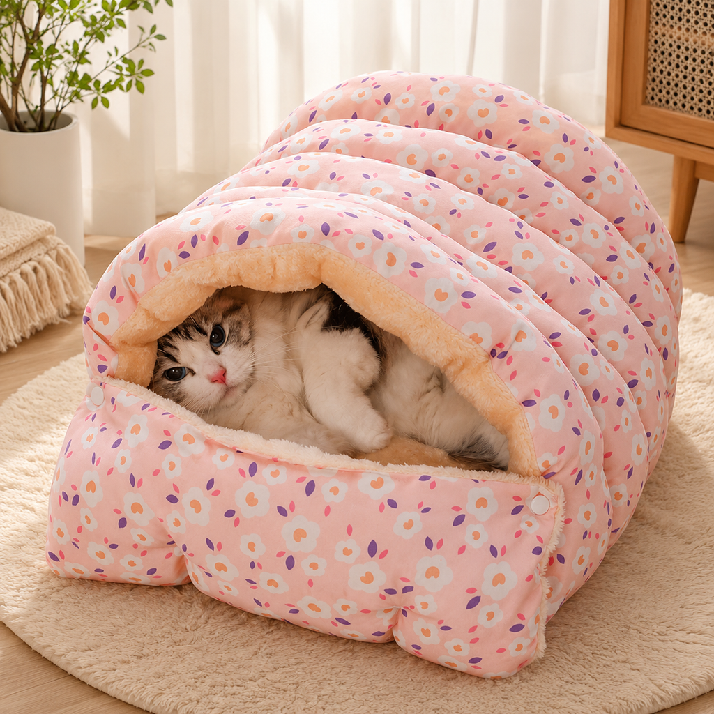 Warm Plush Cat Bed with Detachable Sleeping Bag – Cozy Hooded Pet Bed for Cats & Small Dogs