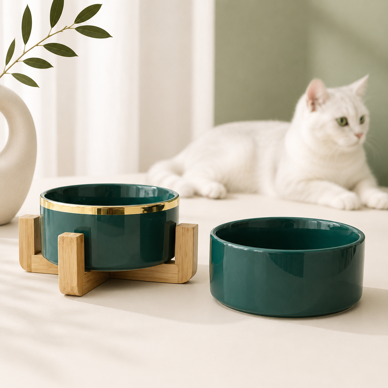 Elevated Ceramic Pet Bowl with Bamboo Stand