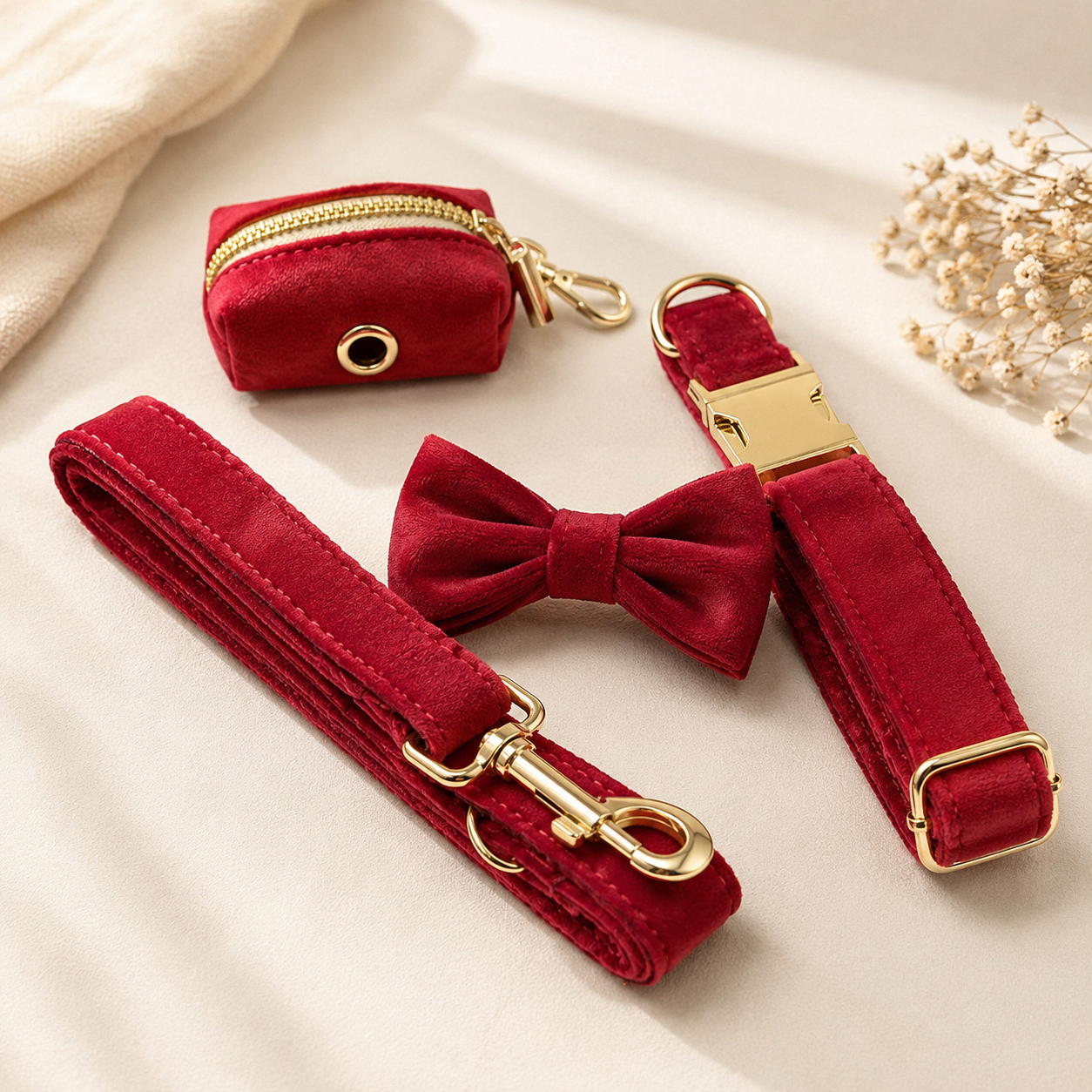 Luxury Velvet Dog Collar & Leash Set with Bow Tie & Poop Bag Holder | Christmas Edition